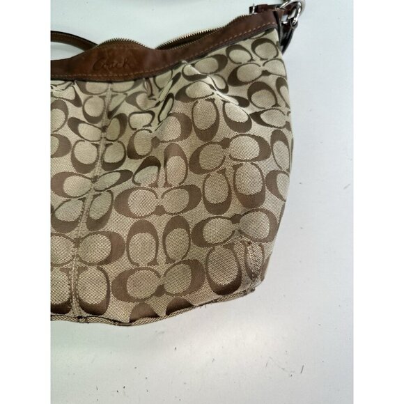 WORN - COACH F13744 Brown Signature Ashley Shoulder Leather trim Hobo Bag - Picture 10 of 12